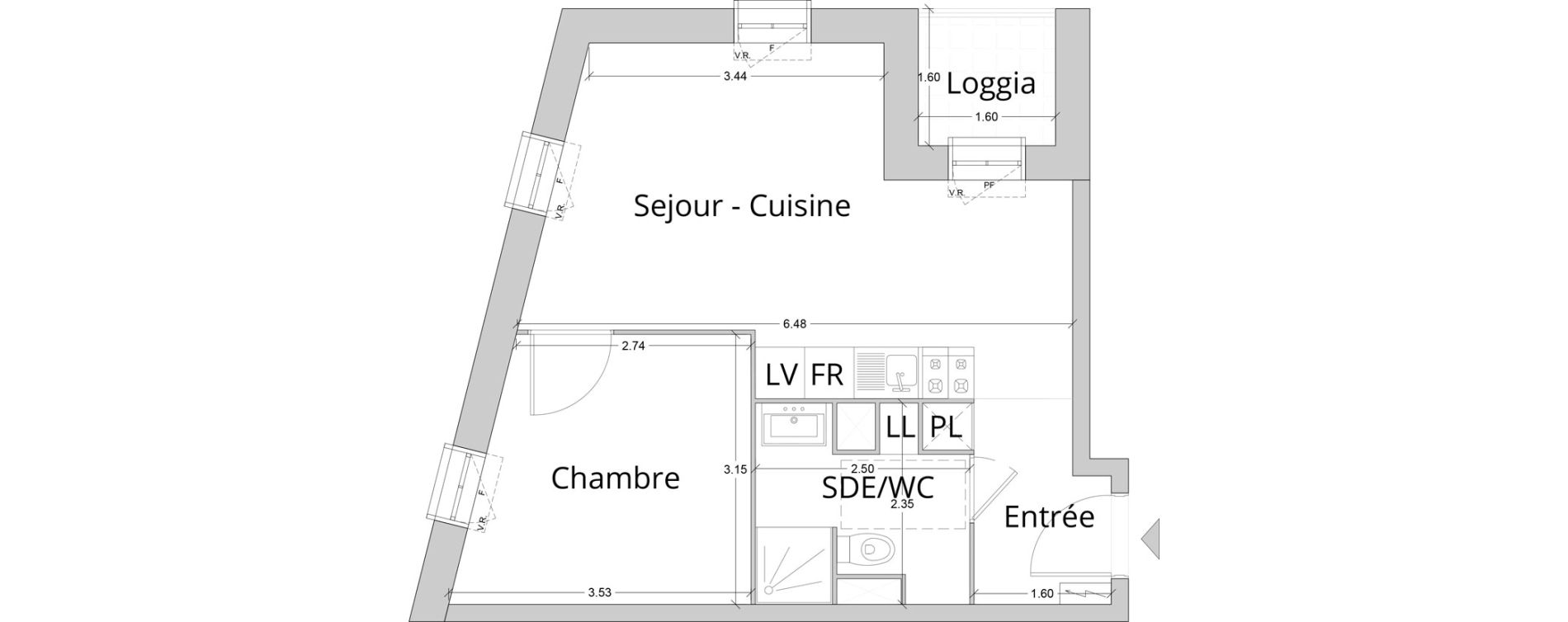 Appartement T2 de 37,84 m2 au Havre Les docks