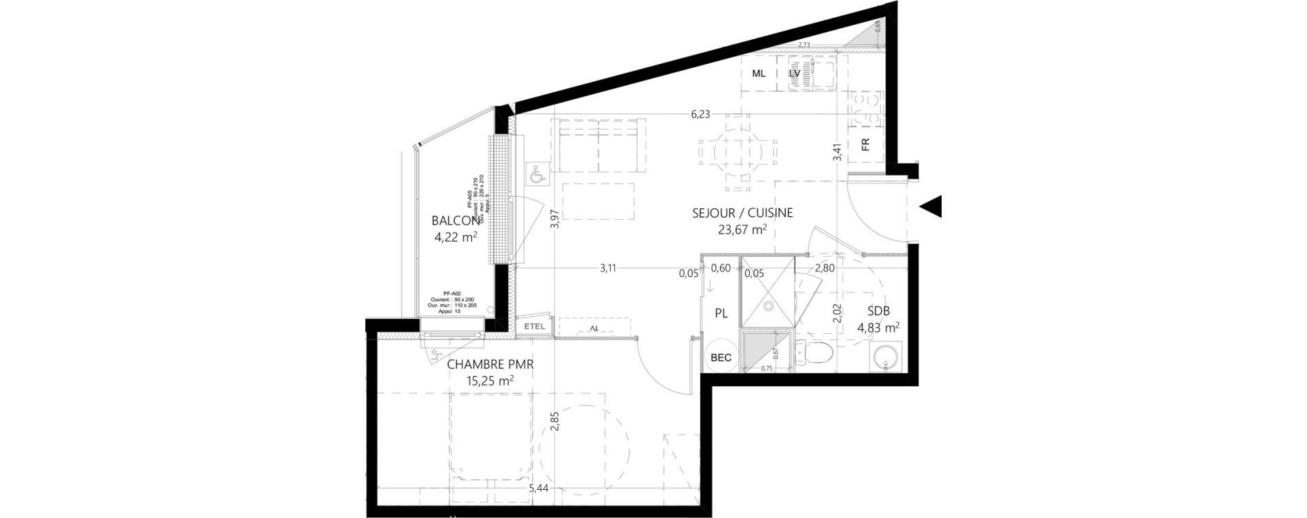 Appartement T2 de 44,93 m2 au Havre Arcole brindeau