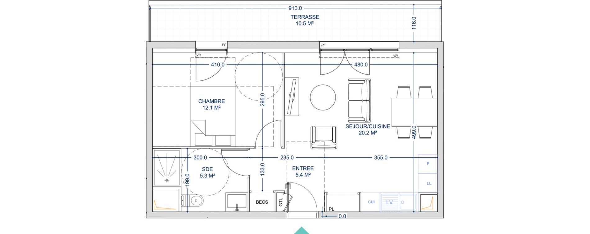 Appartement T2 de 43,00 m2 au Havre L eure