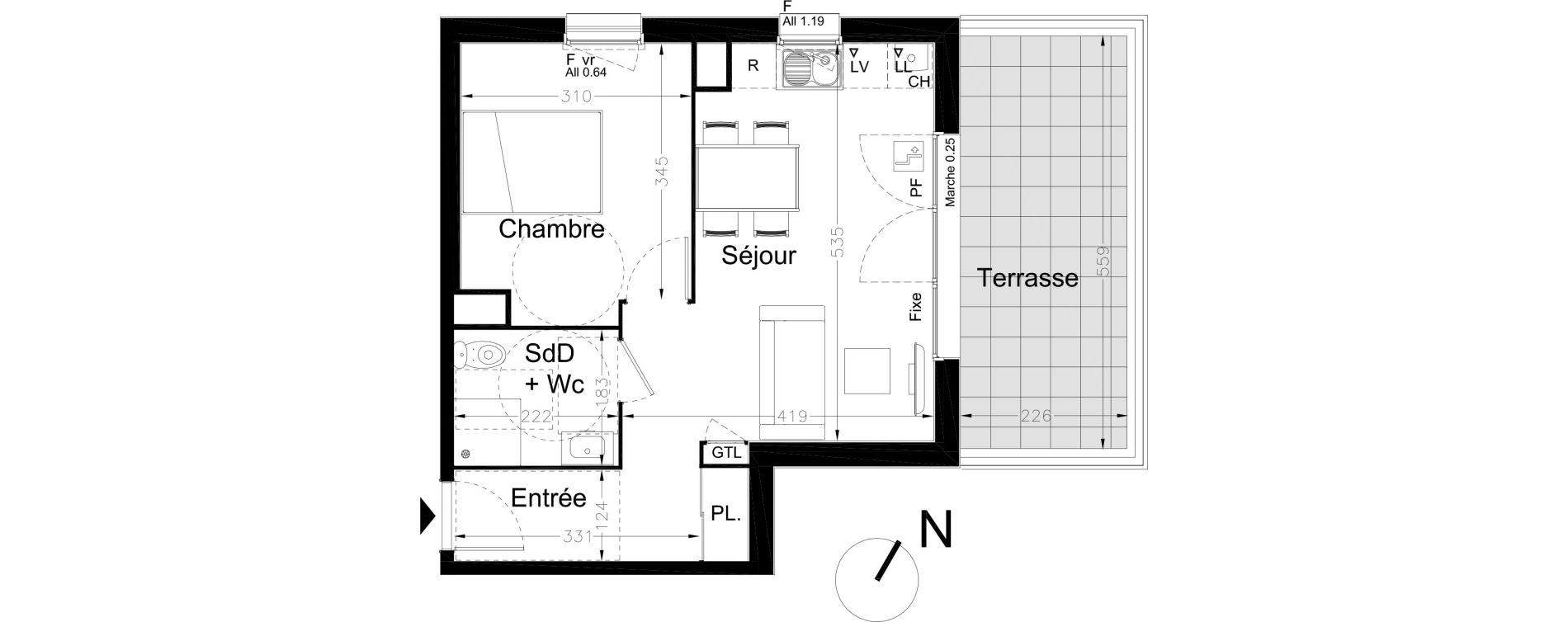 Appartement T2 de 39,15 m2 au Havre Le grand hameau
