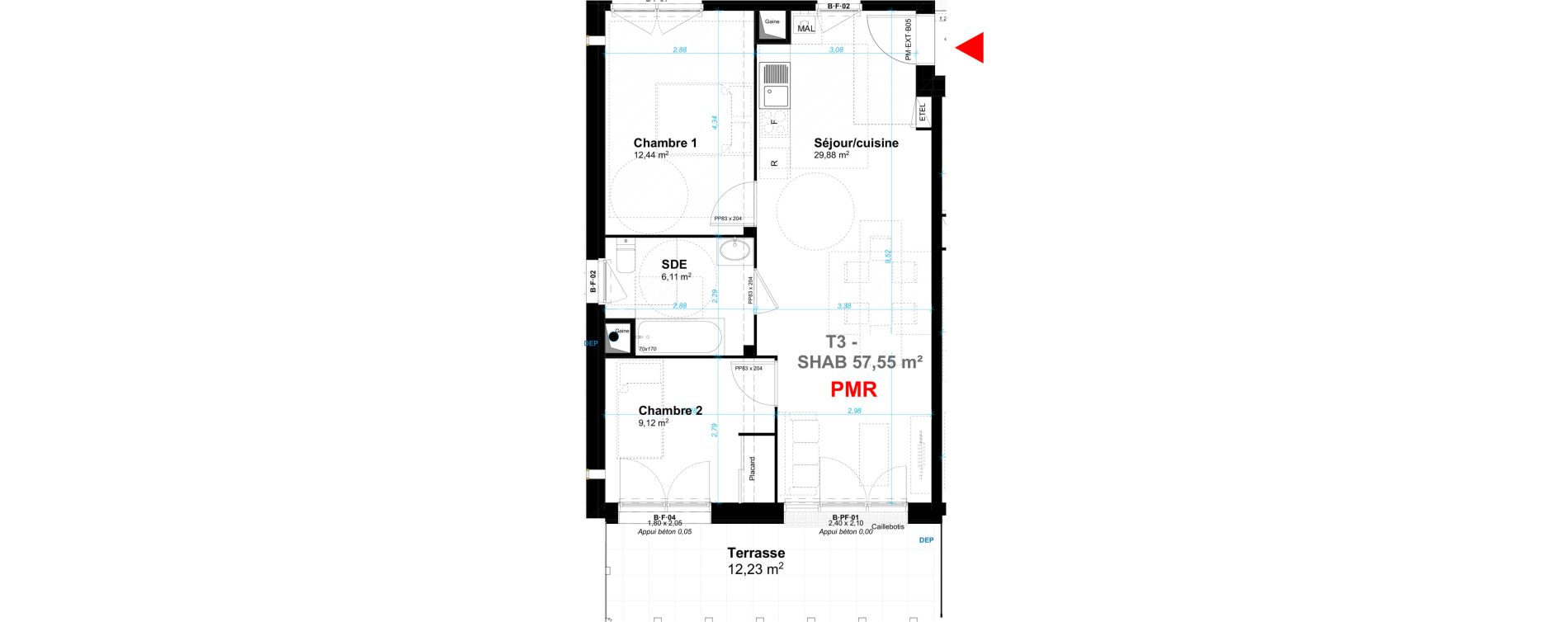 Appartement T3 de 57,55 m2 au Havre Le grand hameau