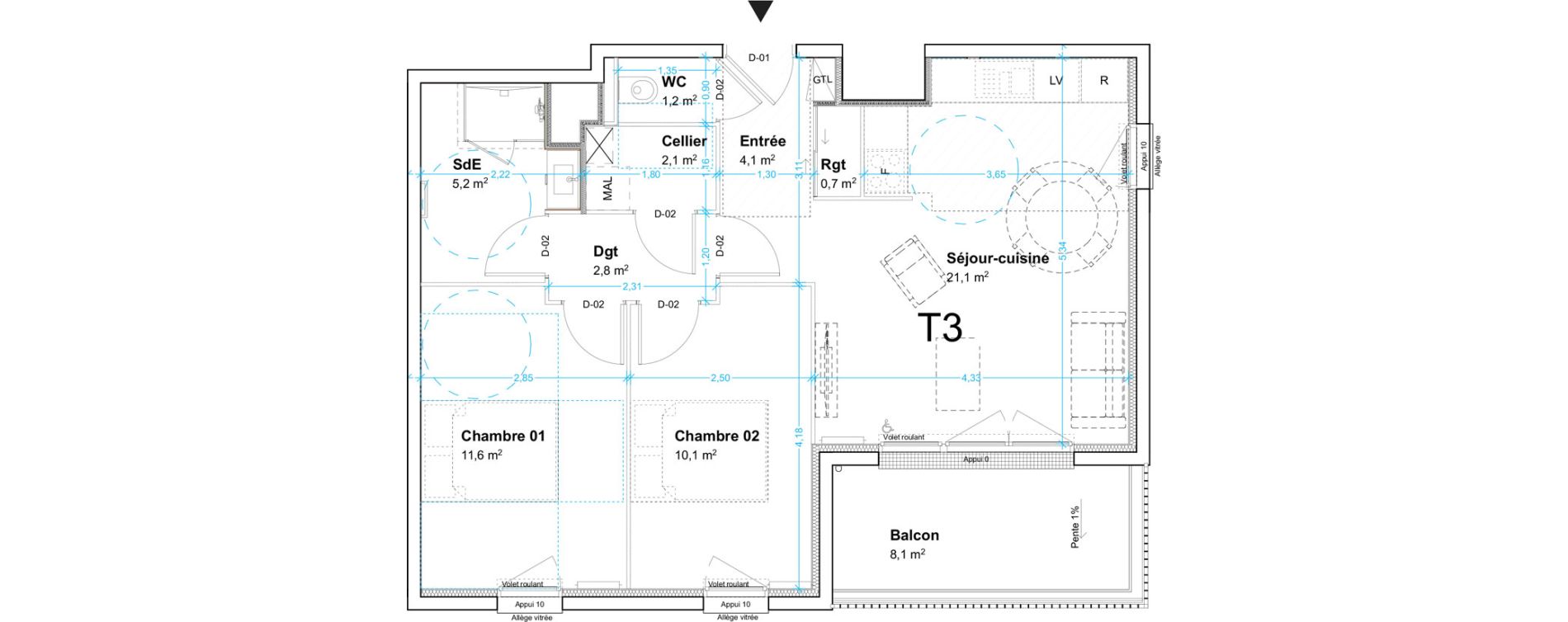 Appartement T3 de 58,90 m2 au Havre Centre ville - bourse