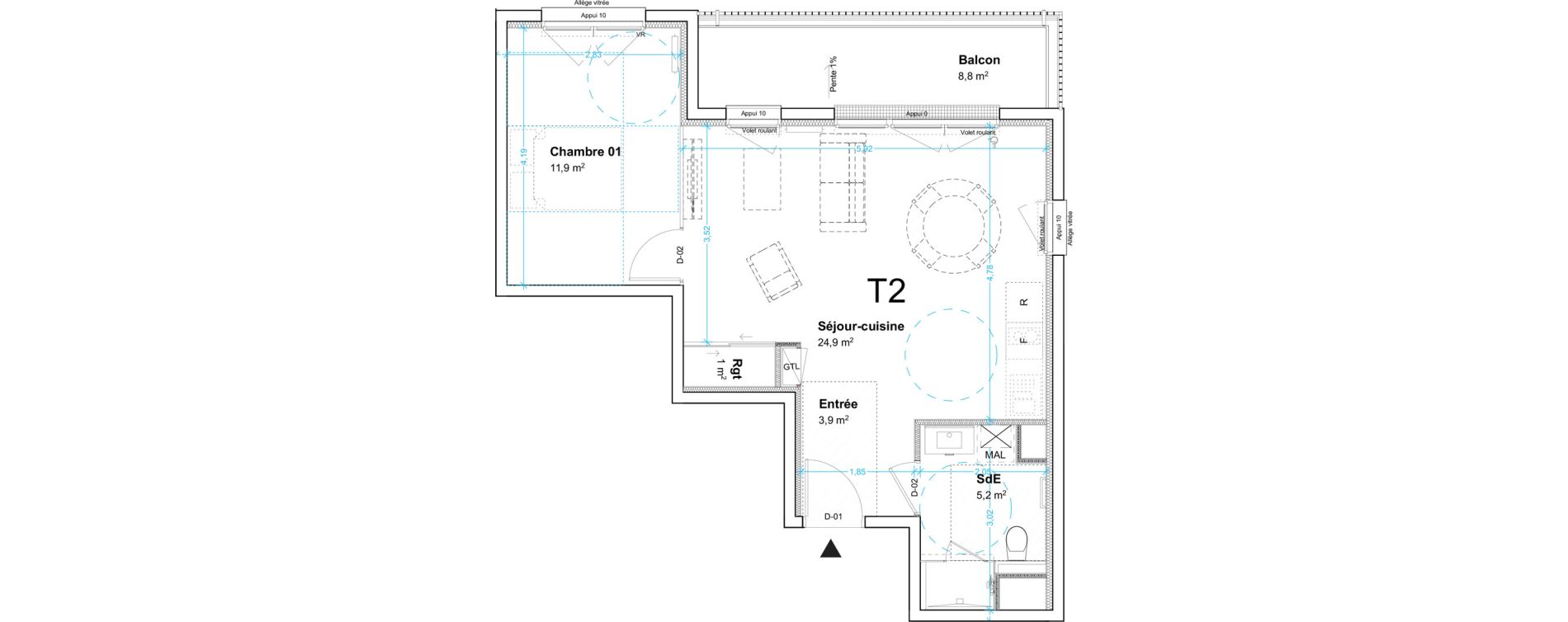 Appartement T2 de 46,90 m2 au Havre Centre ville - bourse