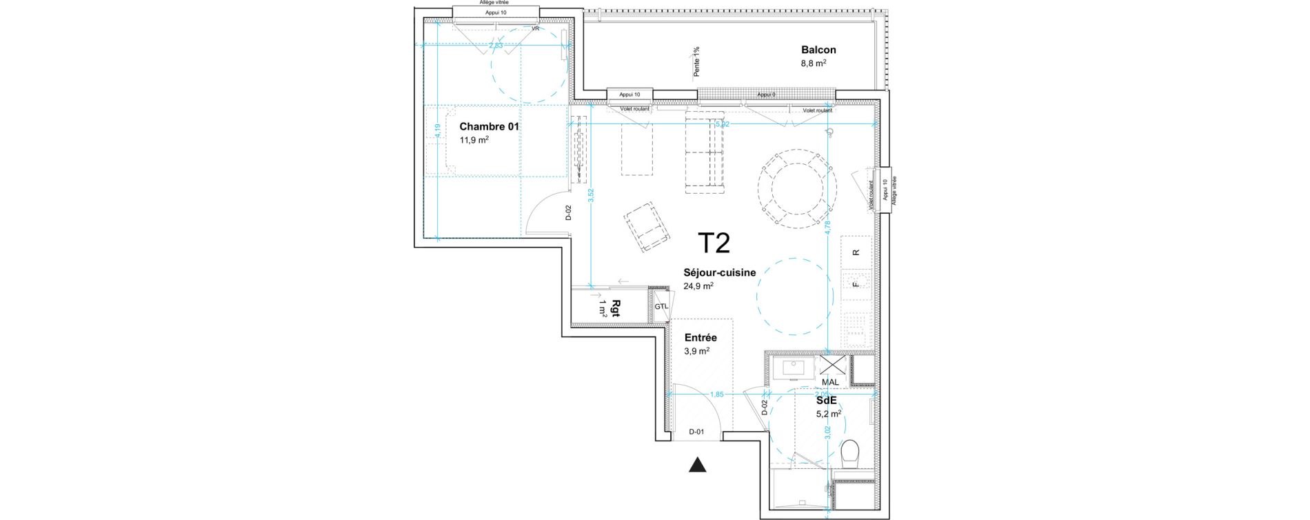 Appartement T2 de 46,90 m2 au Havre Centre ville - bourse