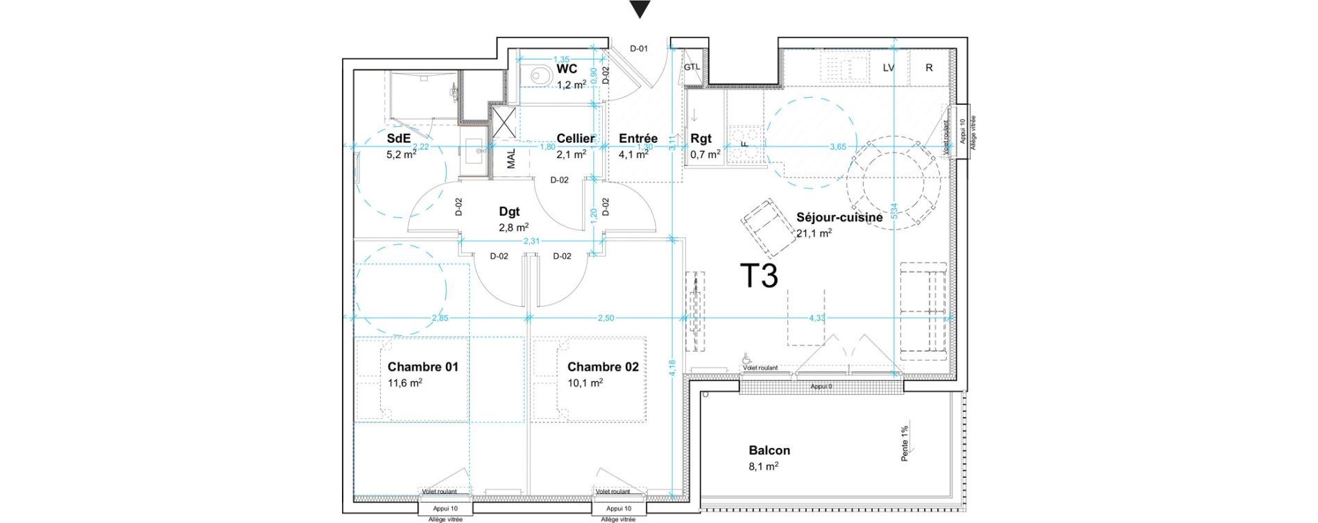 Appartement T3 de 58,90 m2 au Havre Centre ville - bourse