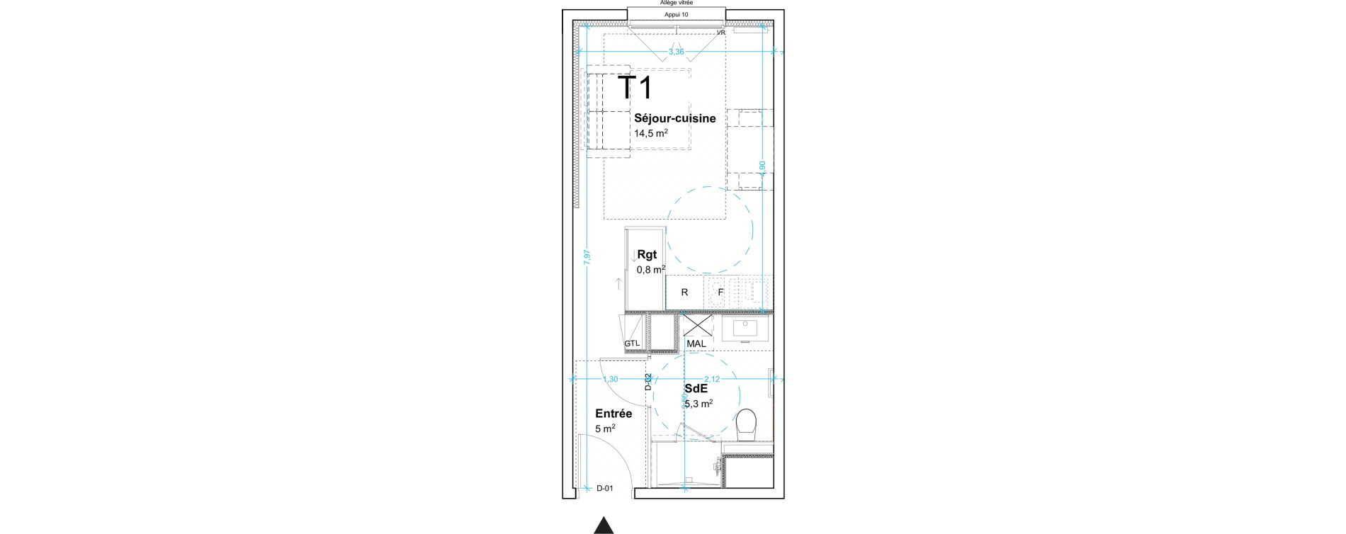 Appartement T1 de 25,60 m2 au Havre Centre ville - bourse