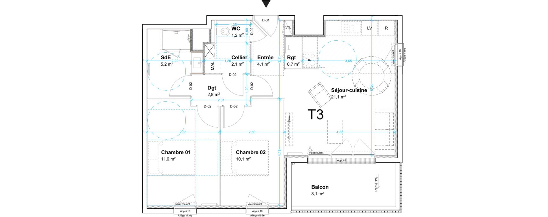 Appartement T3 de 58,90 m2 au Havre Centre ville - bourse