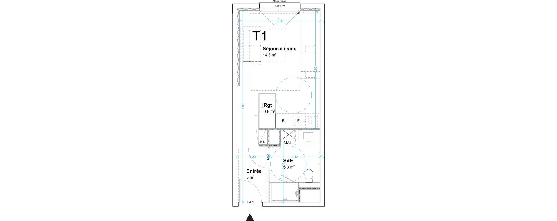 Appartement T1 de 25,60 m2 au Havre Centre ville - bourse