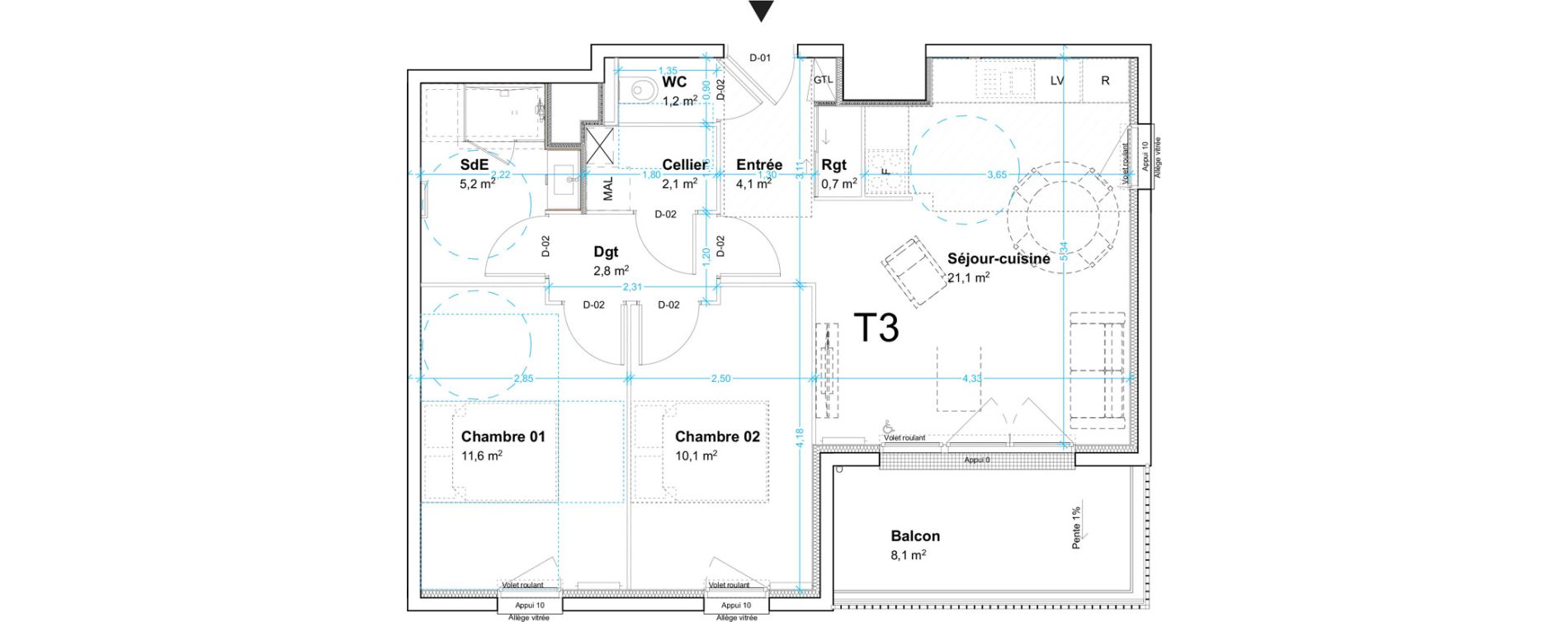 Appartement T3 de 58,90 m2 au Havre Centre ville - bourse