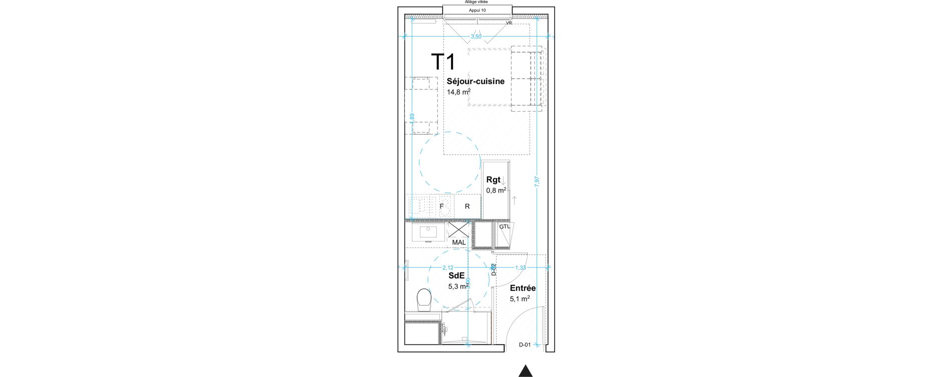 Appartement T1 de 26,00 m2 au Havre Centre ville - bourse