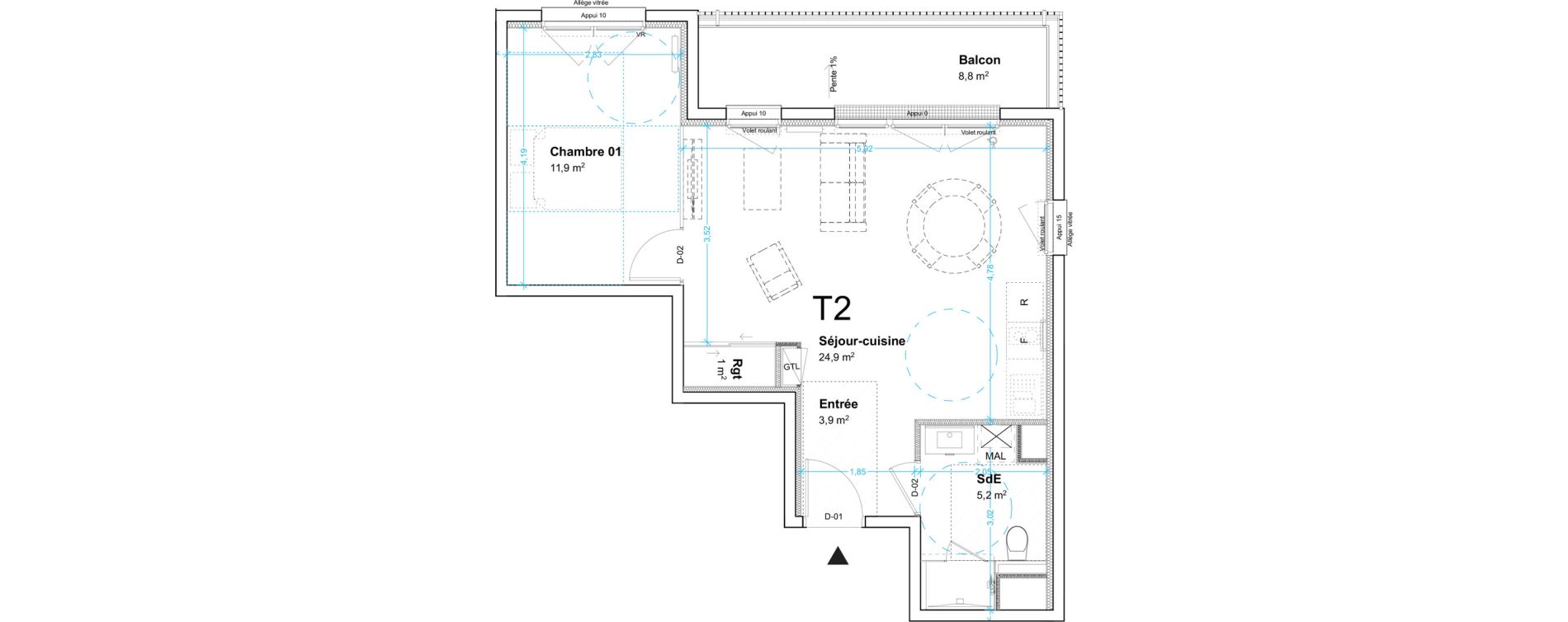 Appartement T2 de 46,90 m2 au Havre Centre ville - bourse