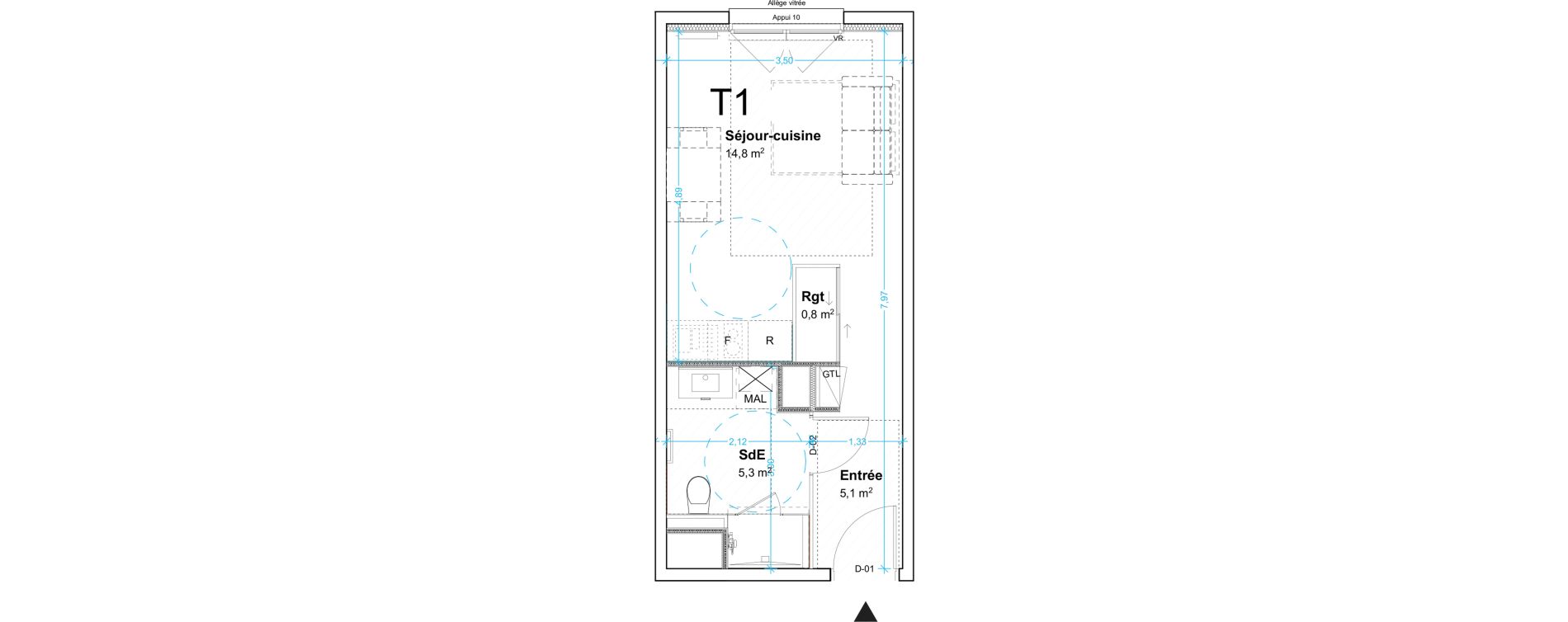 Appartement T1 de 26,00 m2 au Havre Centre ville - bourse