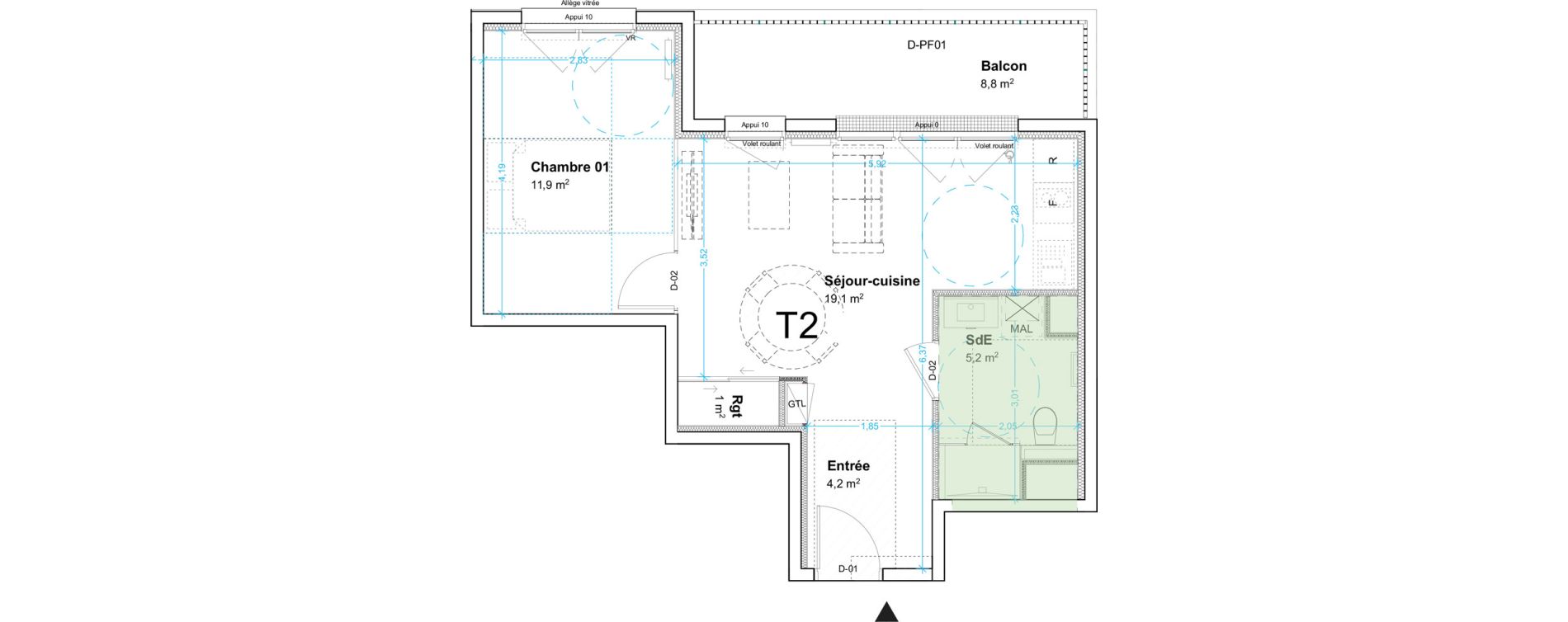 Appartement T2 de 41,40 m2 au Havre Centre ville - bourse