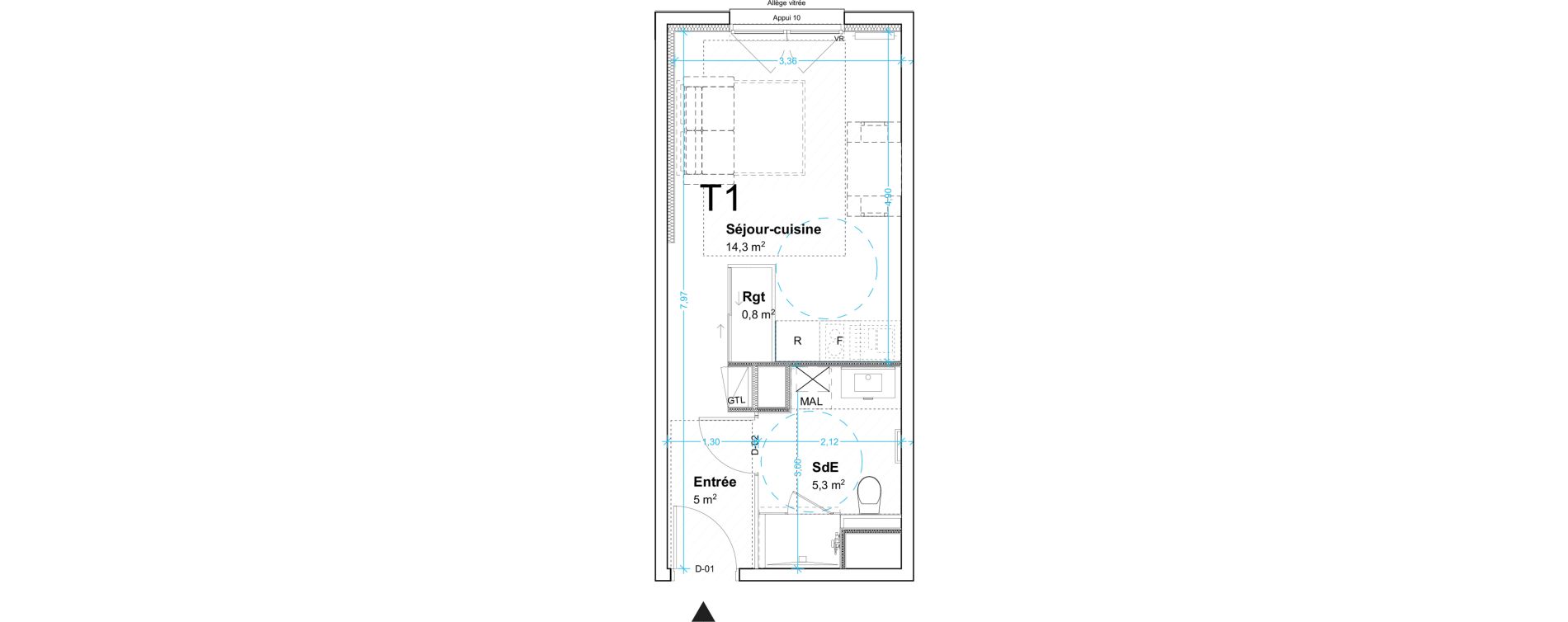 Appartement T1 de 25,40 m2 au Havre Centre ville - bourse