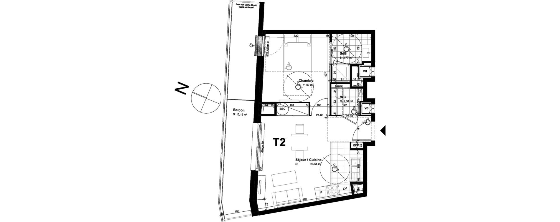 Appartement T2 de 41,28 m2 au Havre Centre ouest