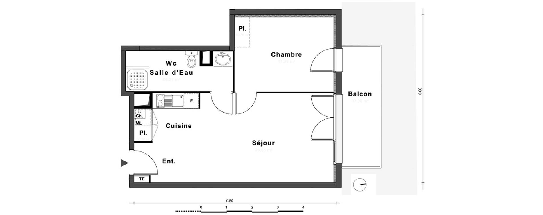 Appartement T2 de 44,58 m2 au Petit-Quevilly Centre