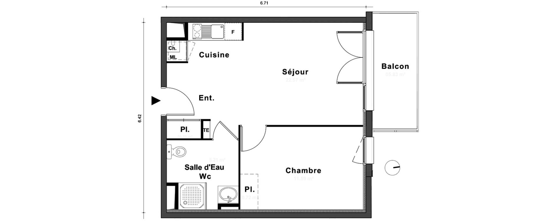 Appartement T2 de 40,07 m2 au Petit-Quevilly Centre