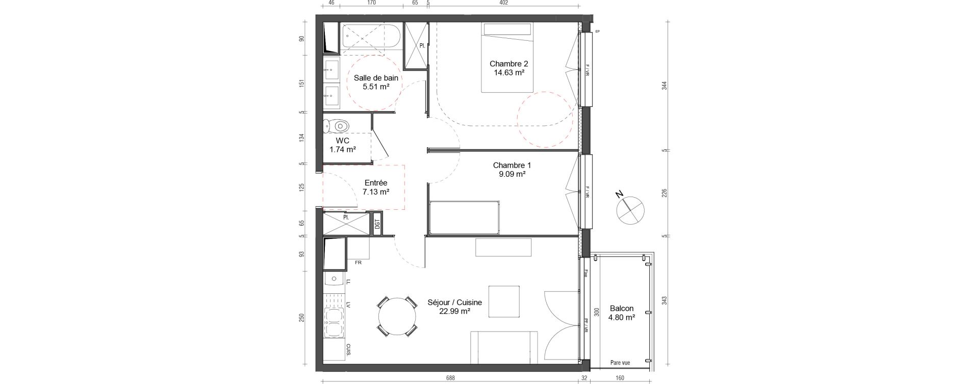 Appartement T3 de 61,08 m2 au Petit-Quevilly Centre