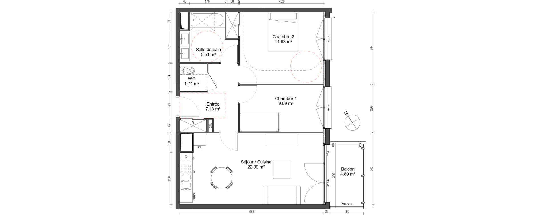 Appartement T3 de 61,08 m2 au Petit-Quevilly Centre