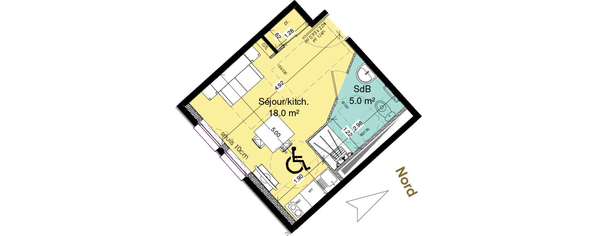 Appartement T1 meubl&eacute; de 23,00 m2 au Tr&eacute;port Centre