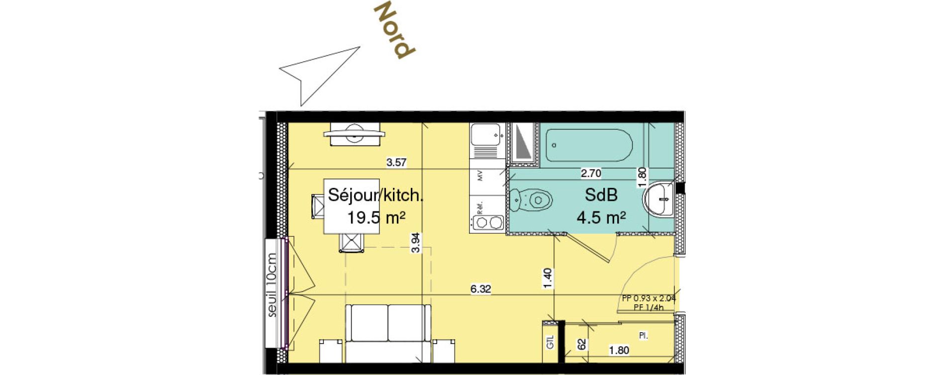 Appartement T1 meubl&eacute; de 24,00 m2 au Tr&eacute;port Centre