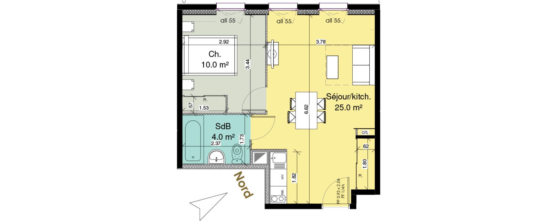 Appartement T2 meubl&eacute; de 39,00 m2 au Tr&eacute;port Centre
