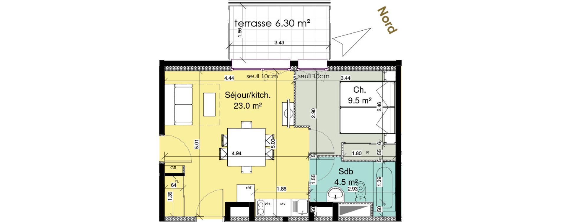 Appartement T2 meubl&eacute; de 37,00 m2 au Tr&eacute;port Centre