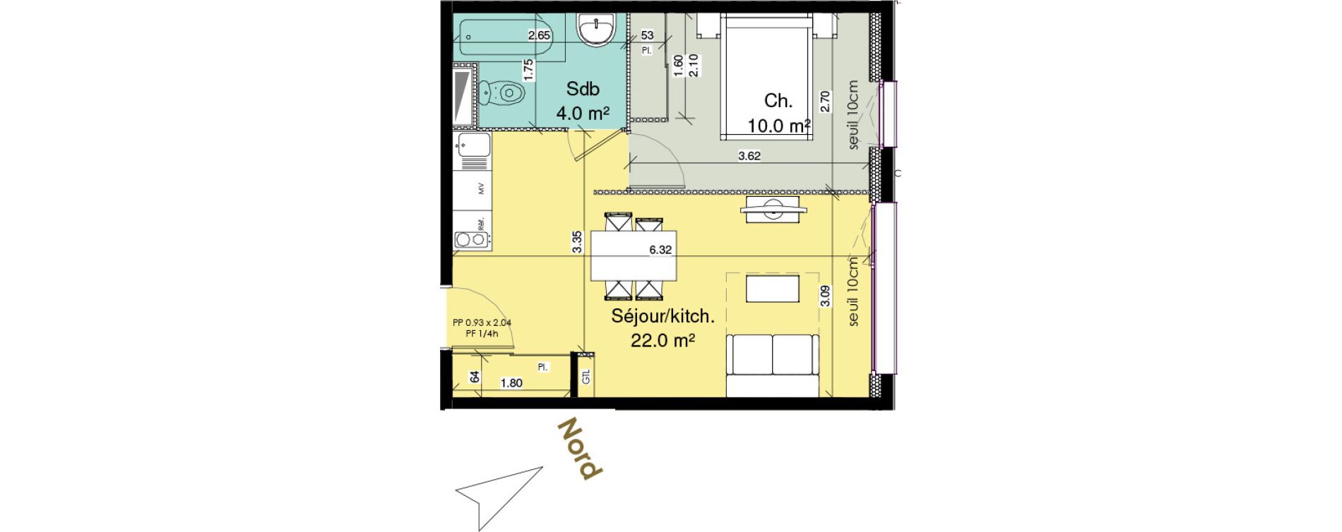 Appartement T2 meubl&eacute; de 36,00 m2 au Tr&eacute;port Centre
