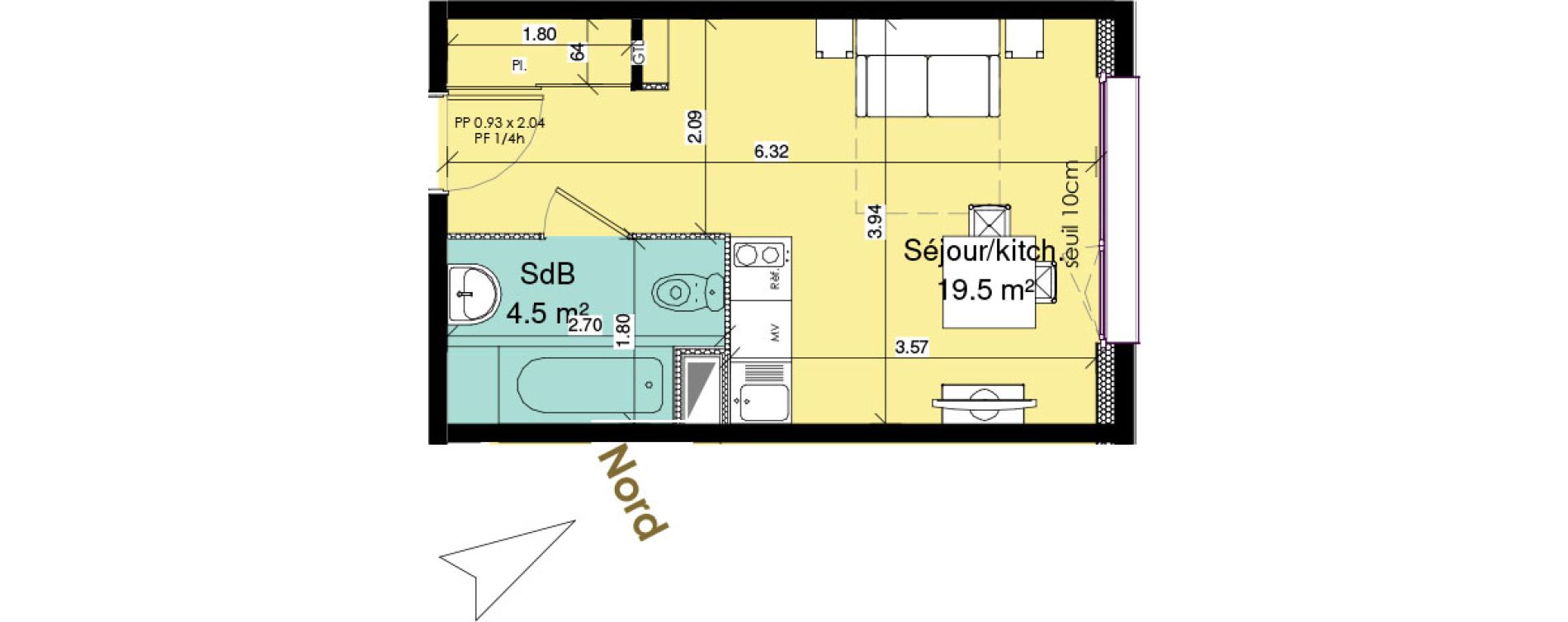 Appartement T1 meubl&eacute; de 24,00 m2 au Tr&eacute;port Centre