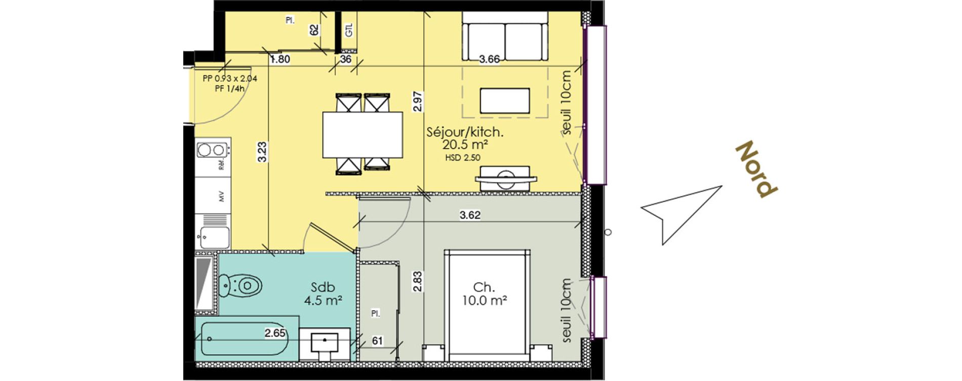 Appartement T2 meubl&eacute; de 35,00 m2 au Tr&eacute;port Centre