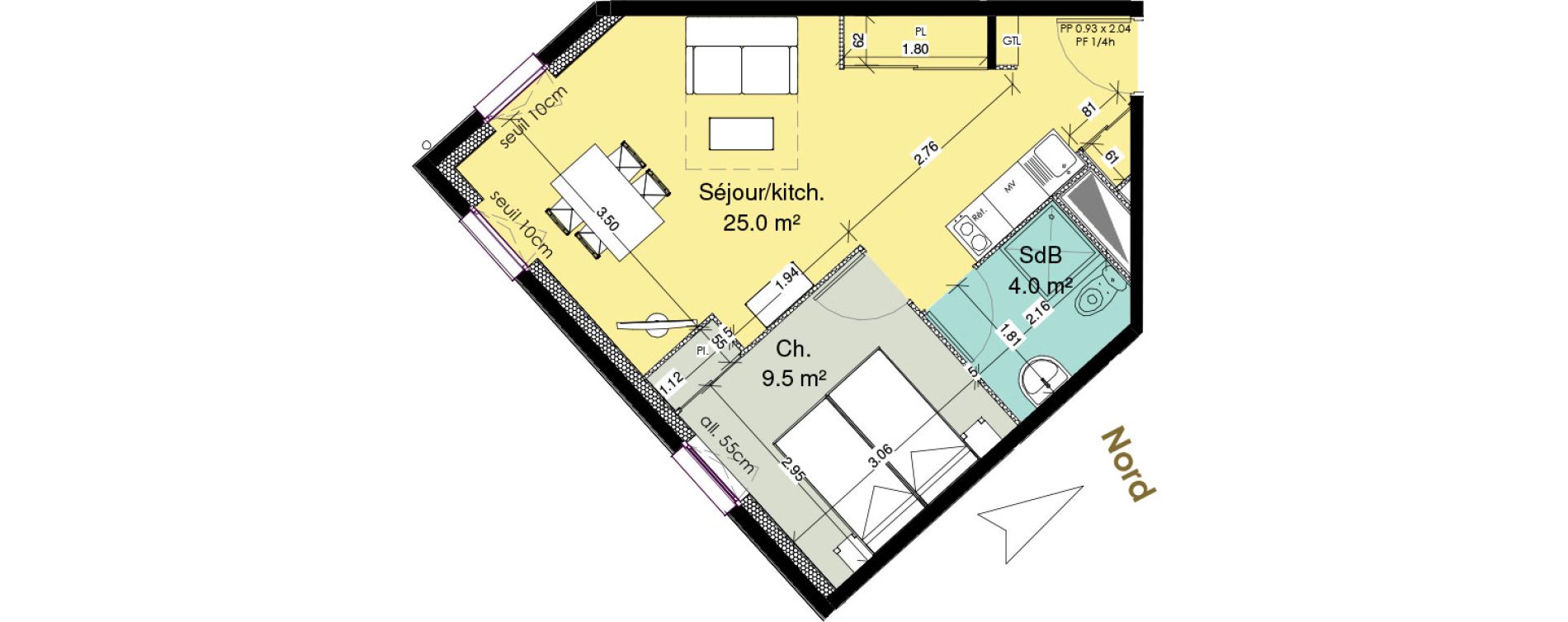 Appartement T2 meubl&eacute; de 38,50 m2 au Tr&eacute;port Centre