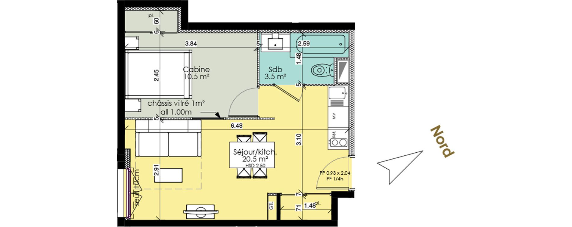 Appartement T1 meubl&eacute; de 34,50 m2 au Tr&eacute;port Centre