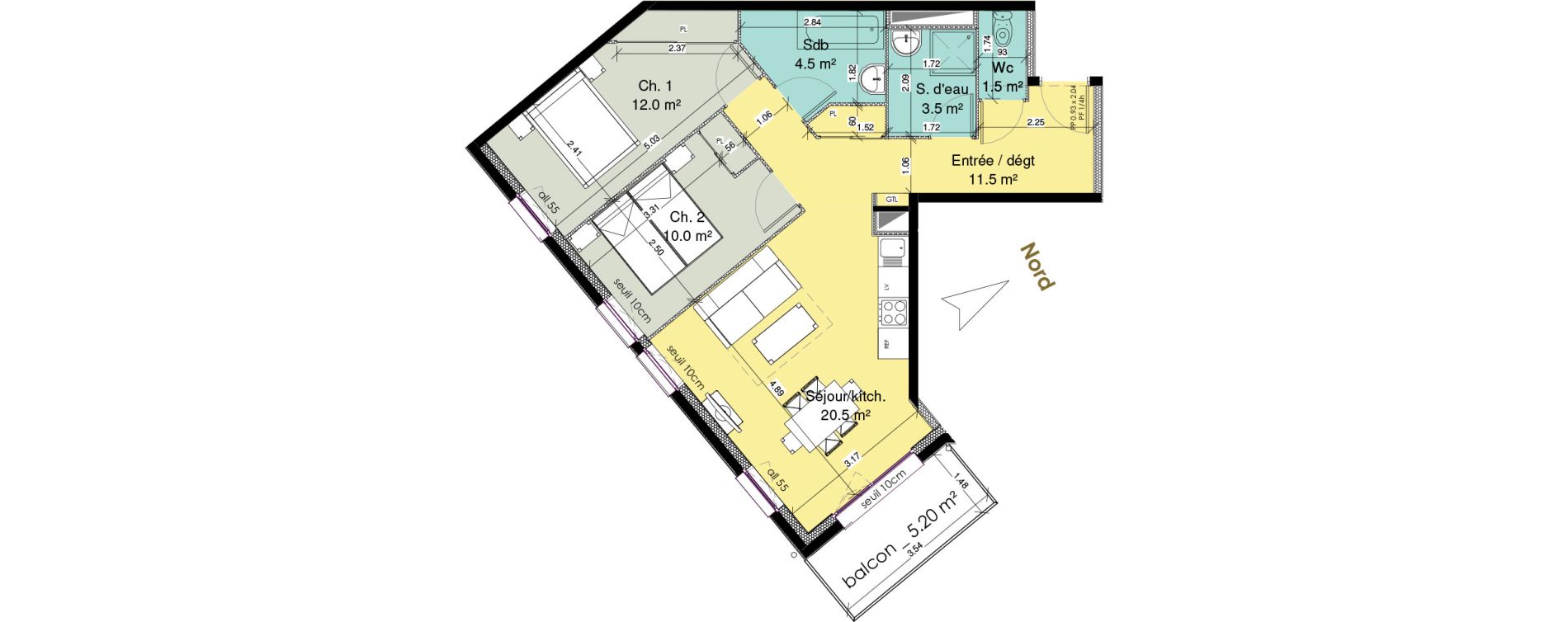 Appartement T3 meubl&eacute; de 63,50 m2 au Tr&eacute;port Centre