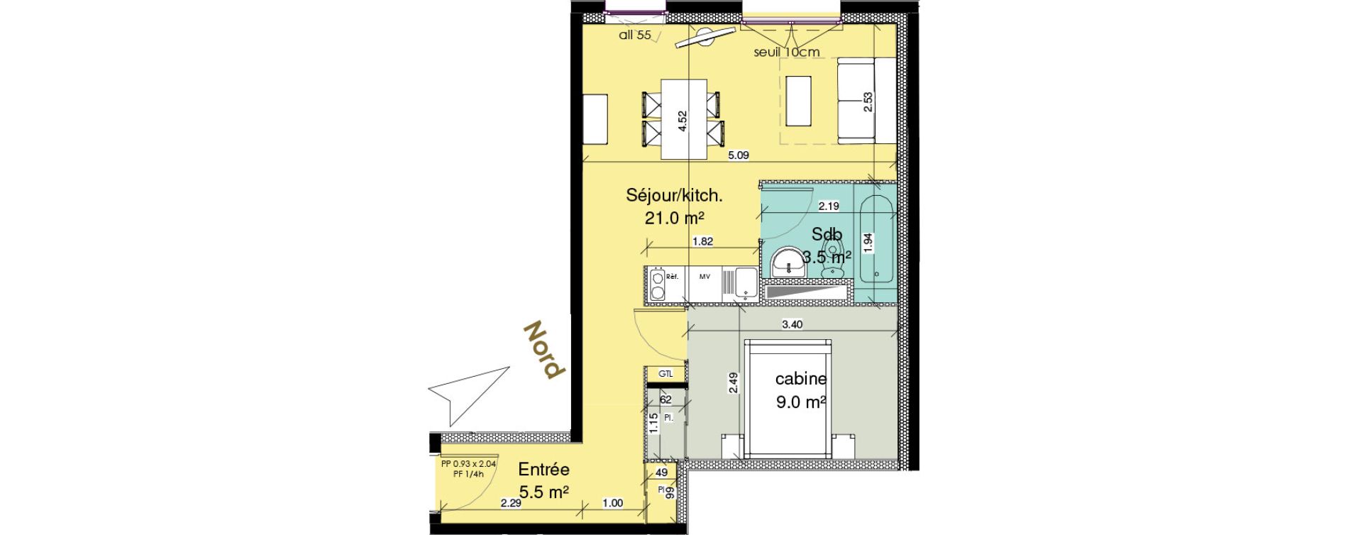 Appartement T1 meubl&eacute; de 39,00 m2 au Tr&eacute;port Centre