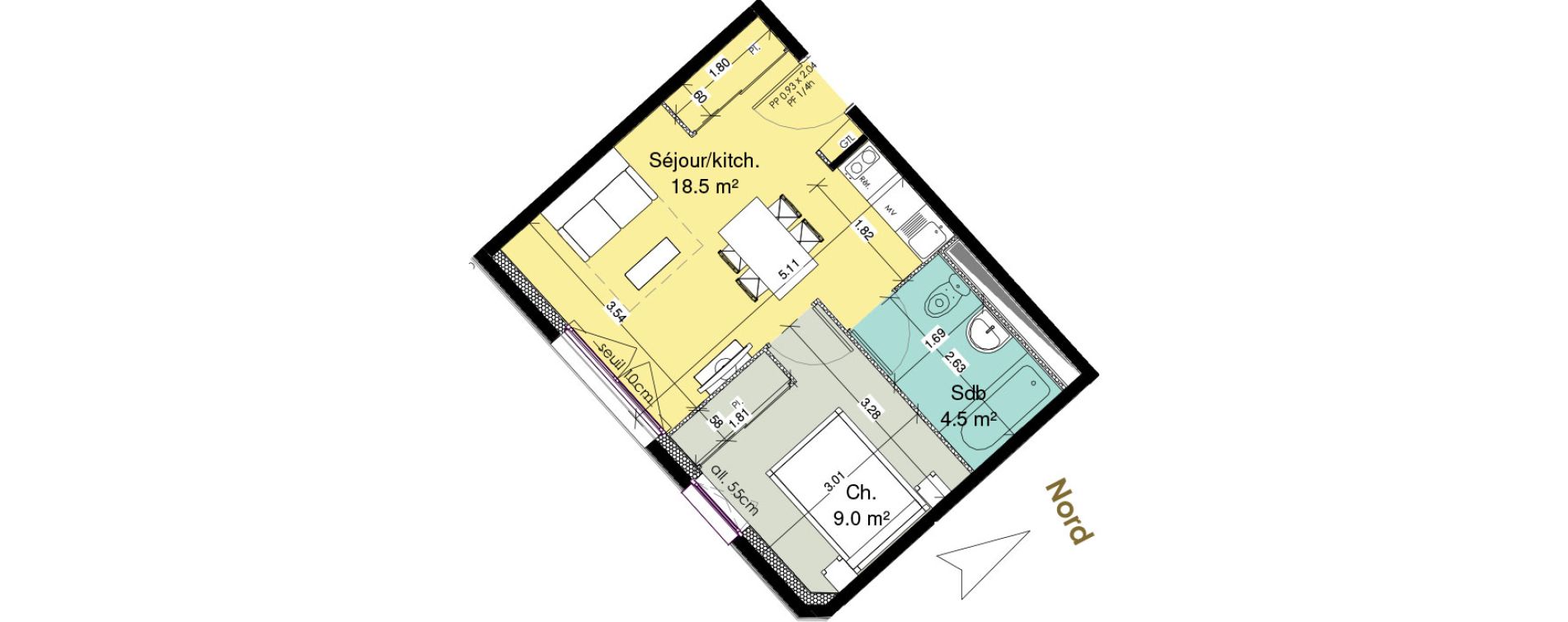 Appartement T2 meubl&eacute; de 32,00 m2 au Tr&eacute;port Centre