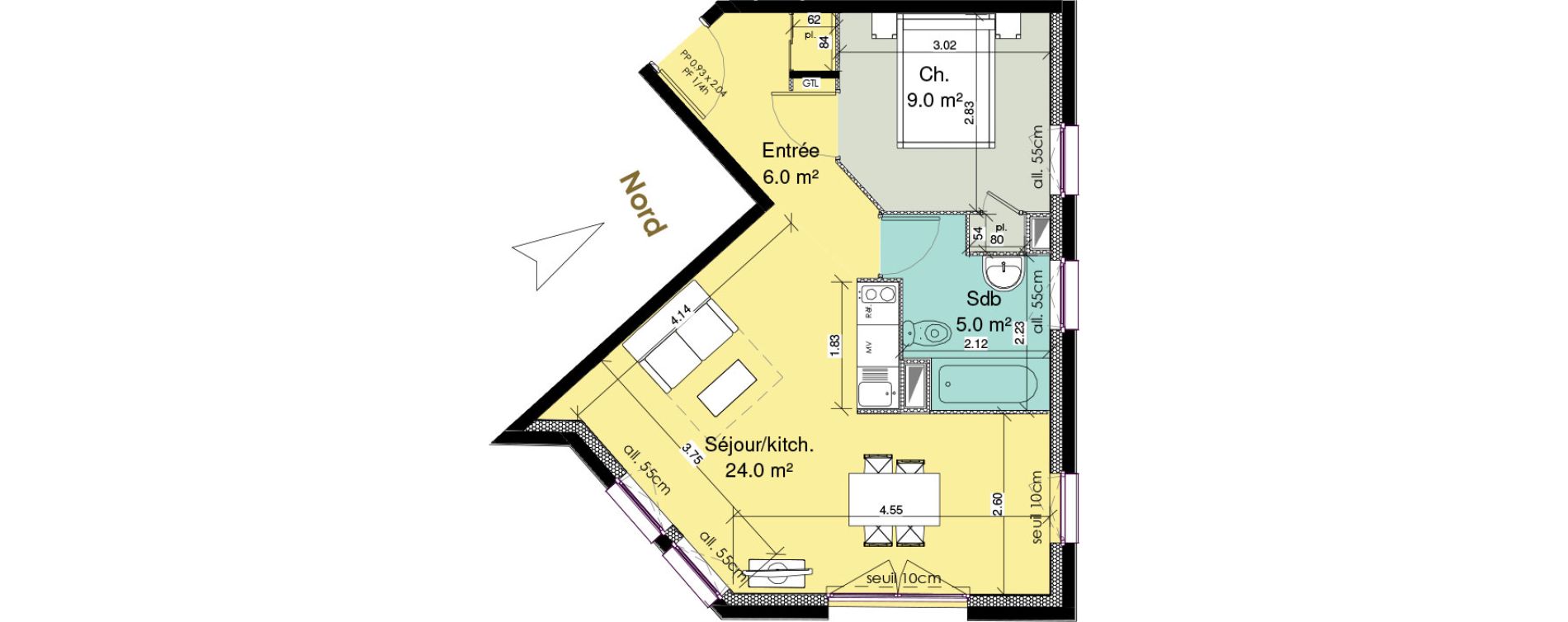 Appartement T2 meubl&eacute; de 44,00 m2 au Tr&eacute;port Centre