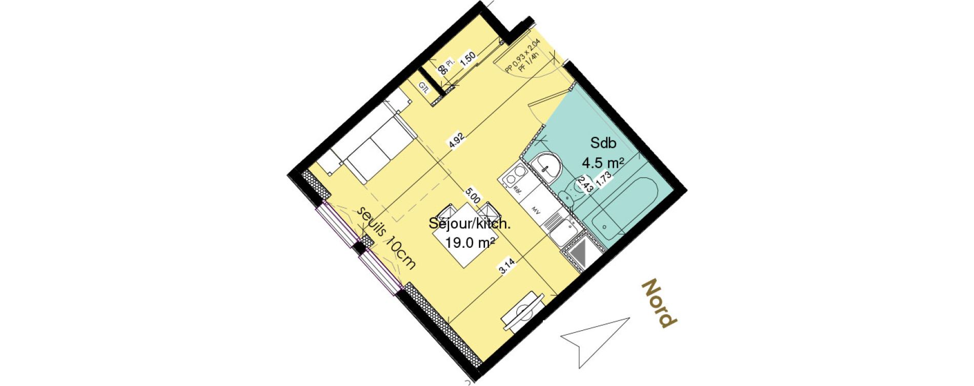 Appartement T1 meubl&eacute; de 23,50 m2 au Tr&eacute;port Centre