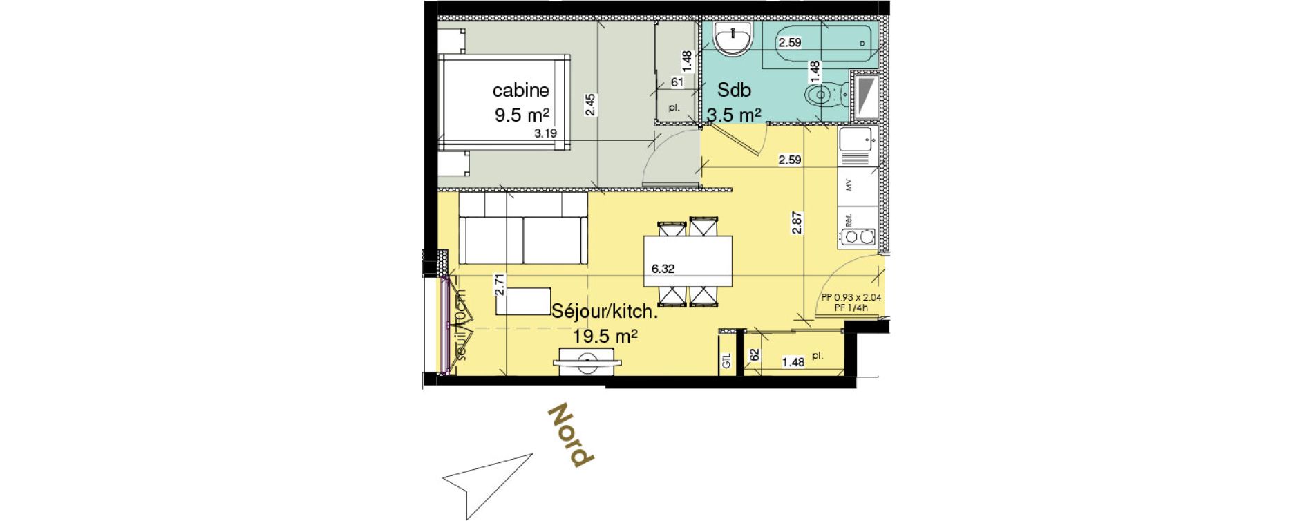 Appartement T1 meubl&eacute; de 32,50 m2 au Tr&eacute;port Centre
