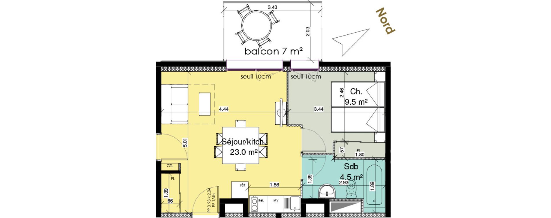 Appartement T2 meubl&eacute; de 37,00 m2 au Tr&eacute;port Centre
