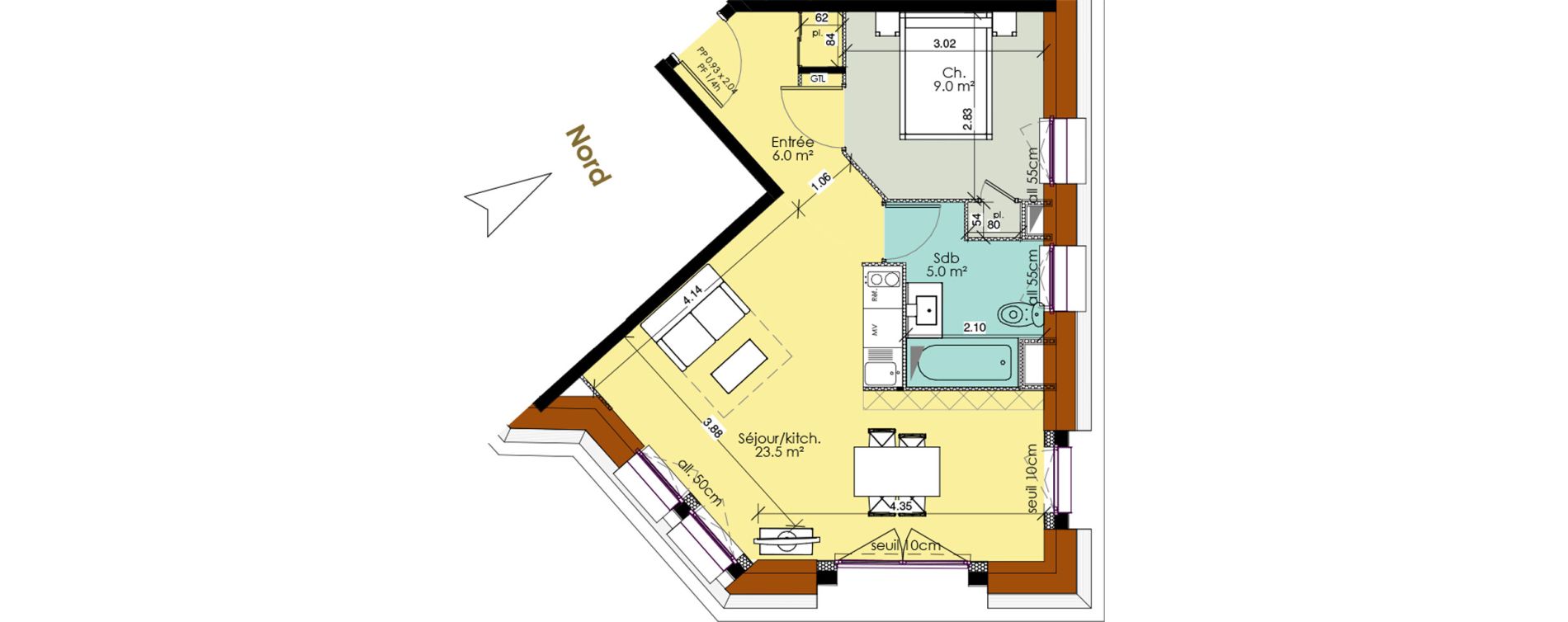 Appartement T2 meubl&eacute; de 43,50 m2 au Tr&eacute;port Centre