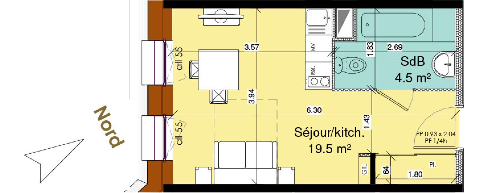 Appartement T1 meubl&eacute; de 24,00 m2 au Tr&eacute;port Centre