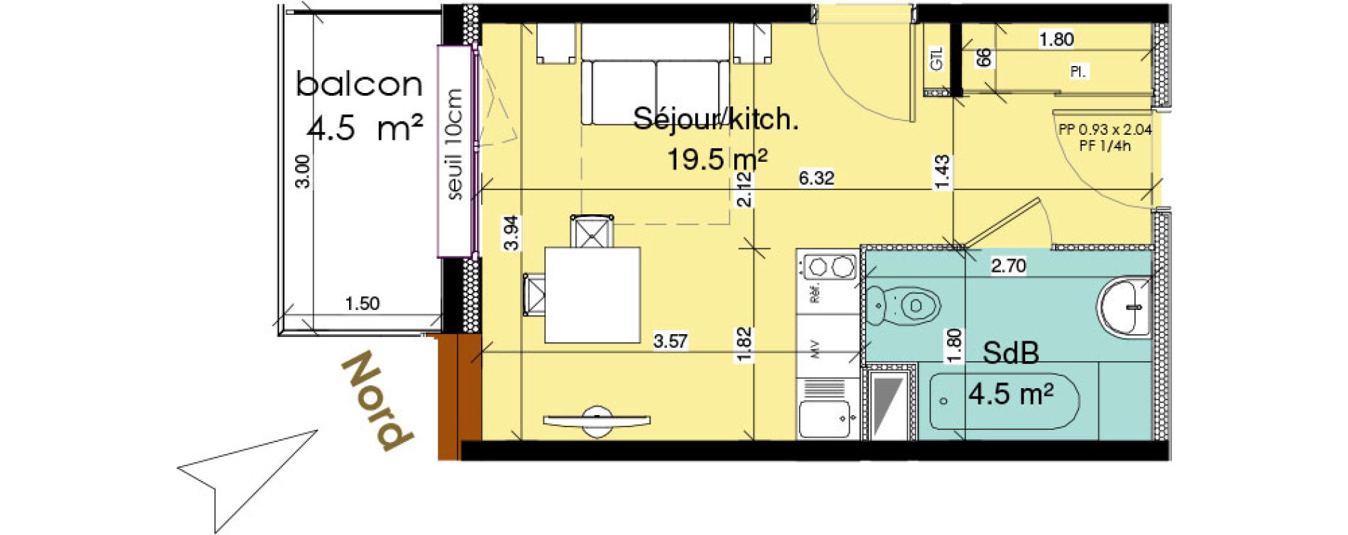 Appartement T1 meubl&eacute; de 24,00 m2 au Tr&eacute;port Centre