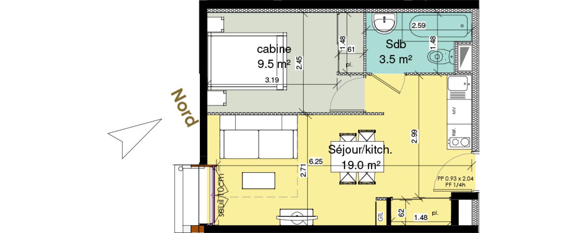 Appartement T1 meubl&eacute; de 32,00 m2 au Tr&eacute;port Centre