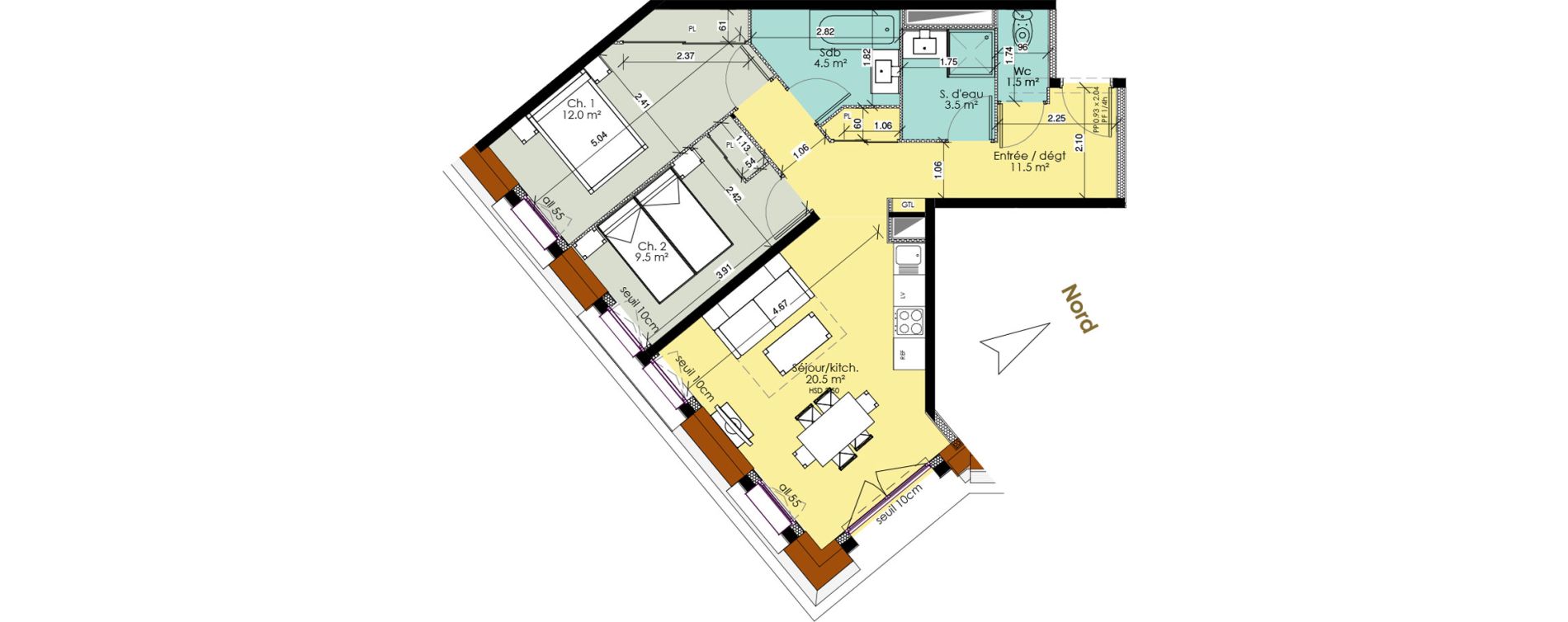 Appartement T3 meubl&eacute; de 63,00 m2 au Tr&eacute;port Centre