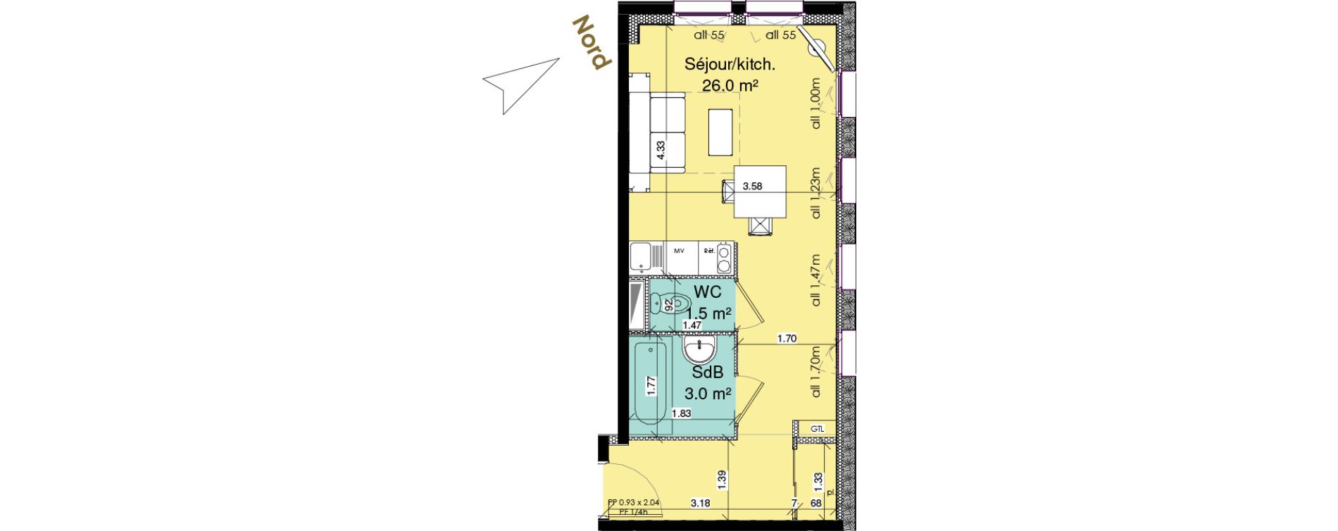 Appartement T1 meubl&eacute; de 30,50 m2 au Tr&eacute;port Centre