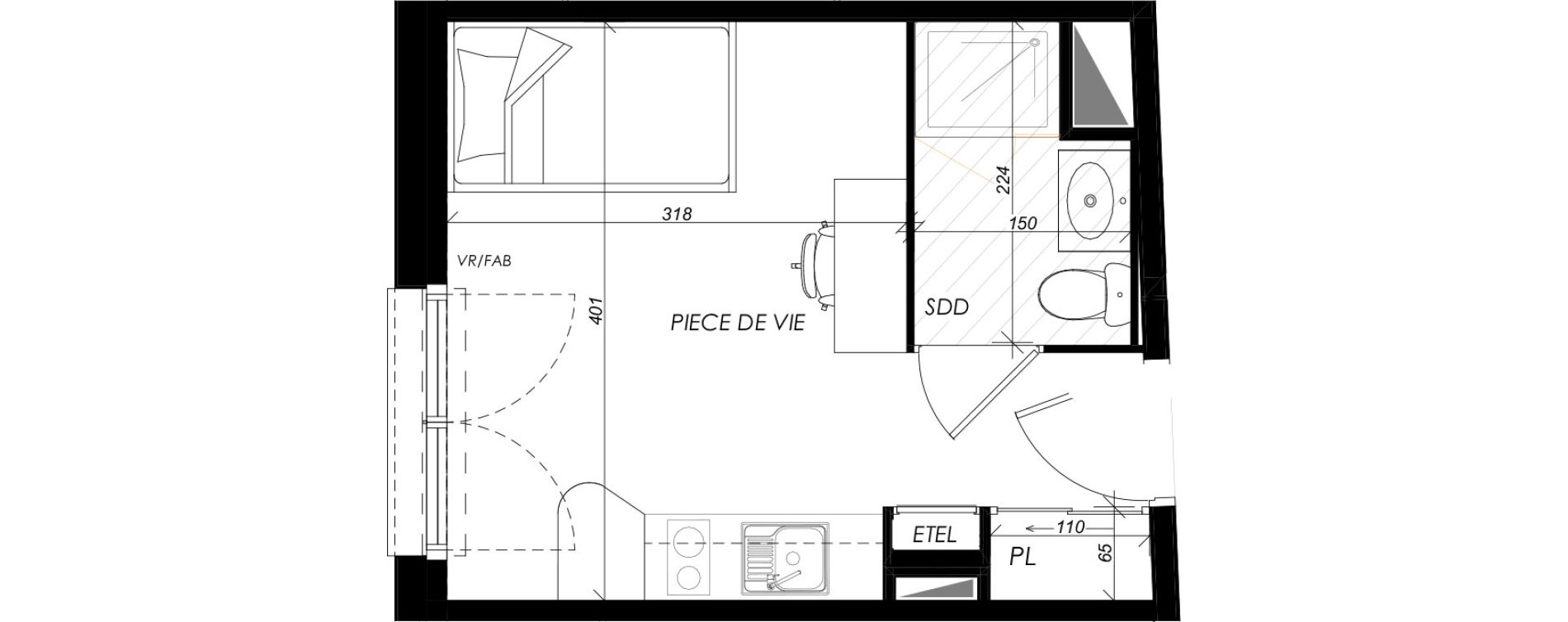 Appartement T1 meubl&eacute; de 18,10 m2 &agrave; Mont-Saint-Aignan Les oiseaux - deux bois