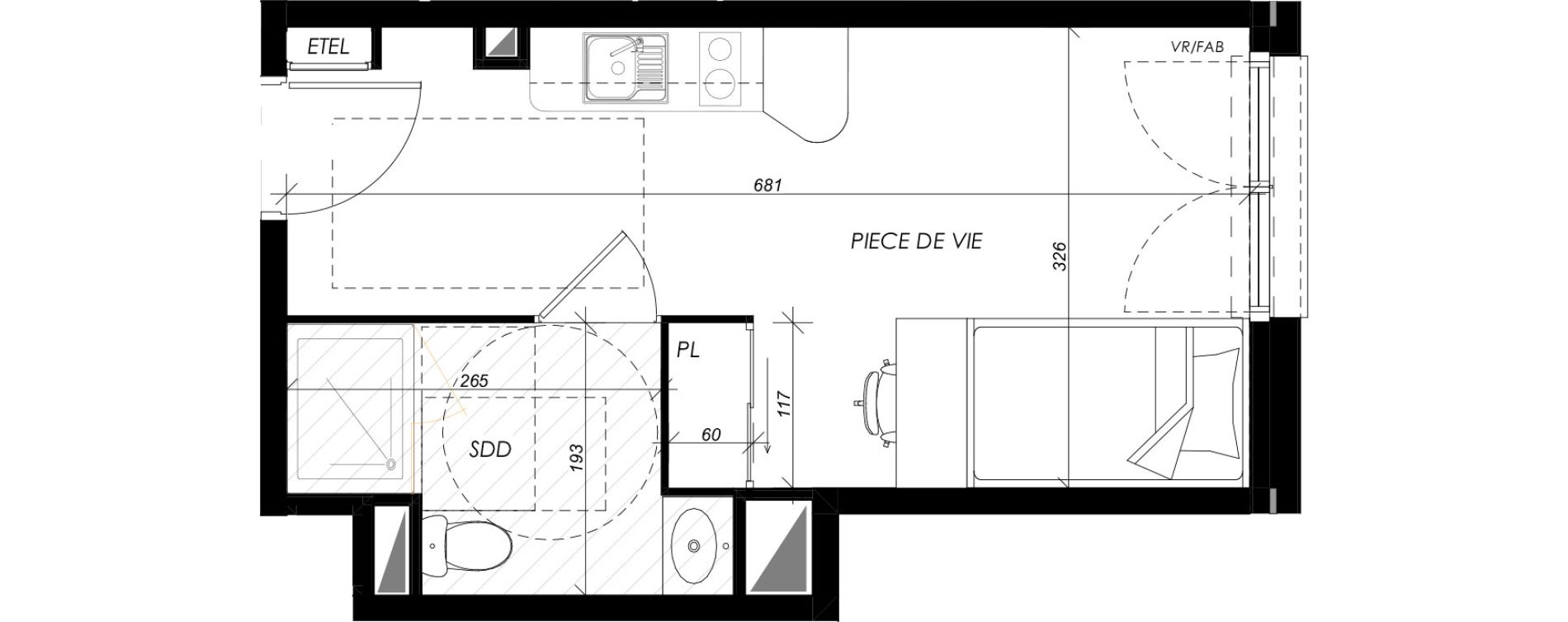 Appartement T1 meubl&eacute; de 23,38 m2 &agrave; Mont-Saint-Aignan Les oiseaux - deux bois