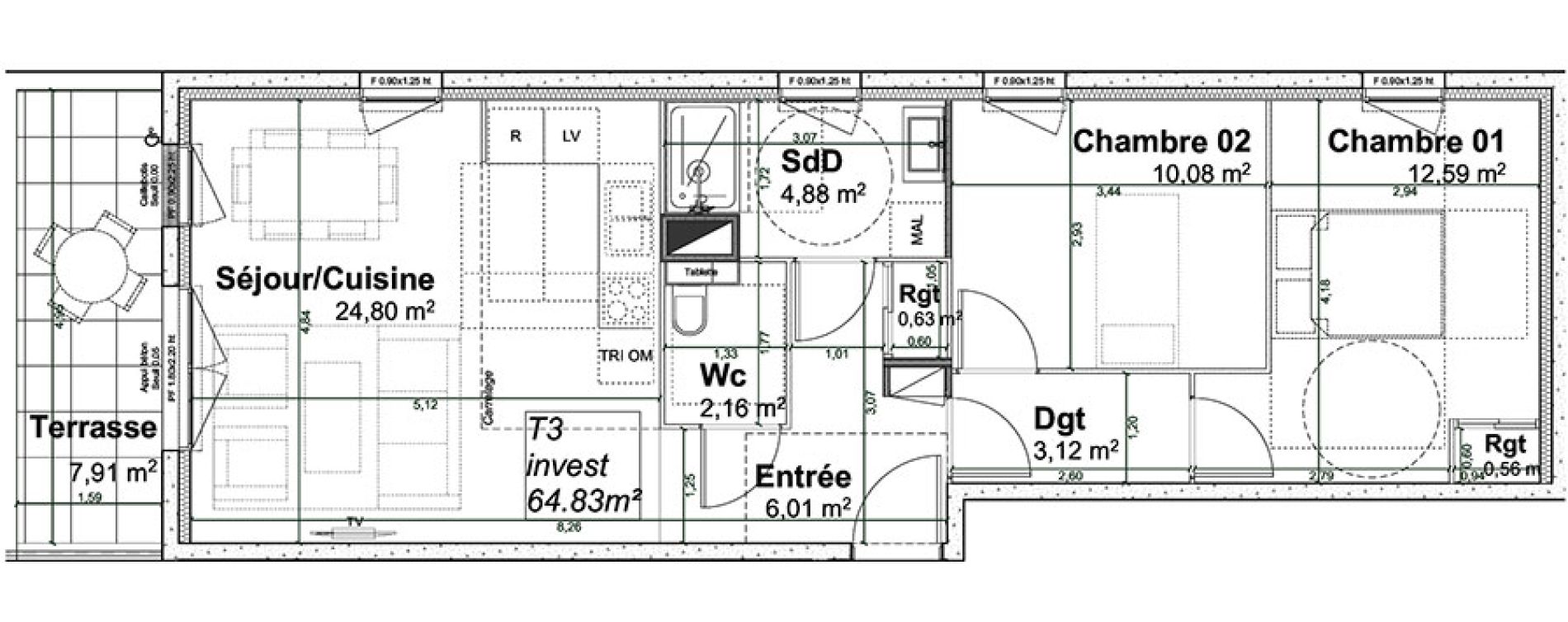 Appartement T3 de 64,83 m2 &agrave; Rouen Pasteur