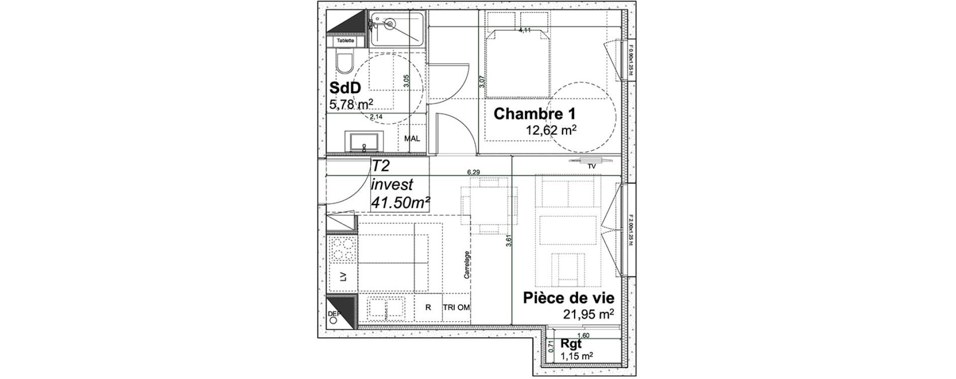 Appartement T2 de 41,50 m2 &agrave; Rouen Pasteur