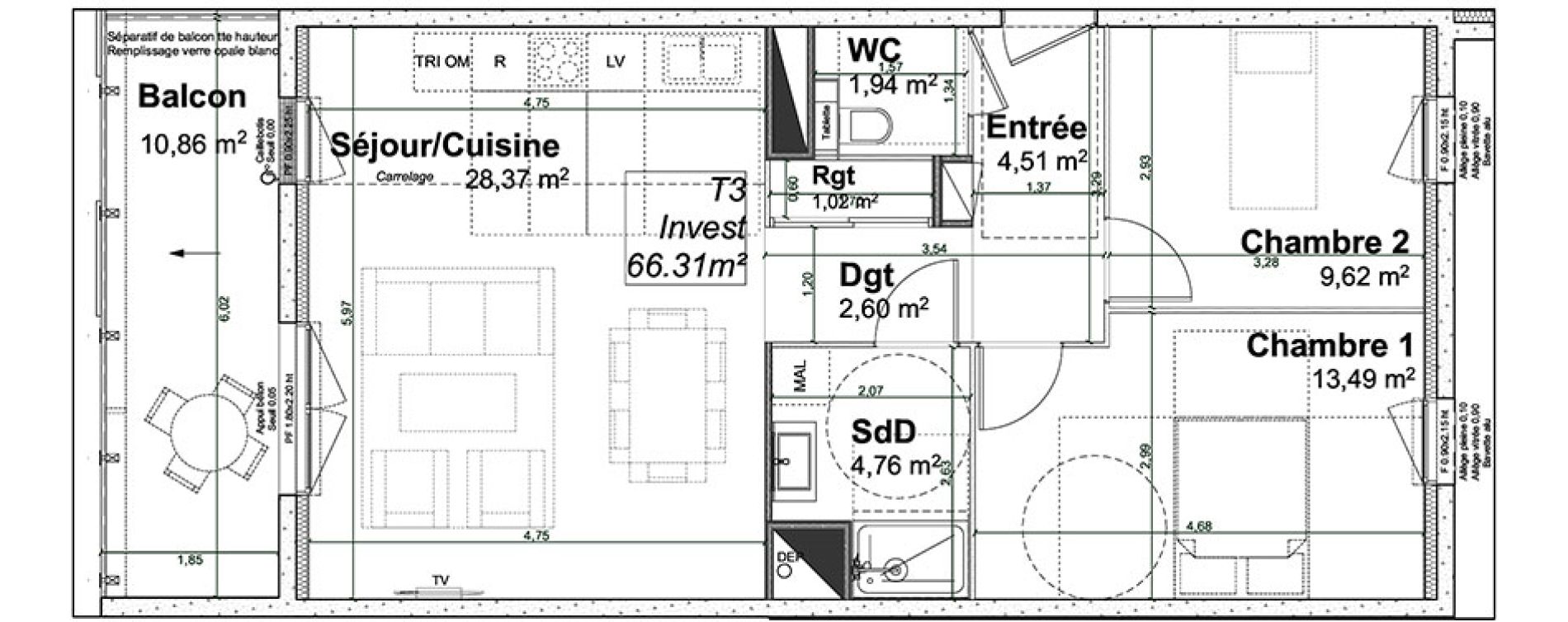 Appartement T3 de 66,31 m2 &agrave; Rouen Pasteur